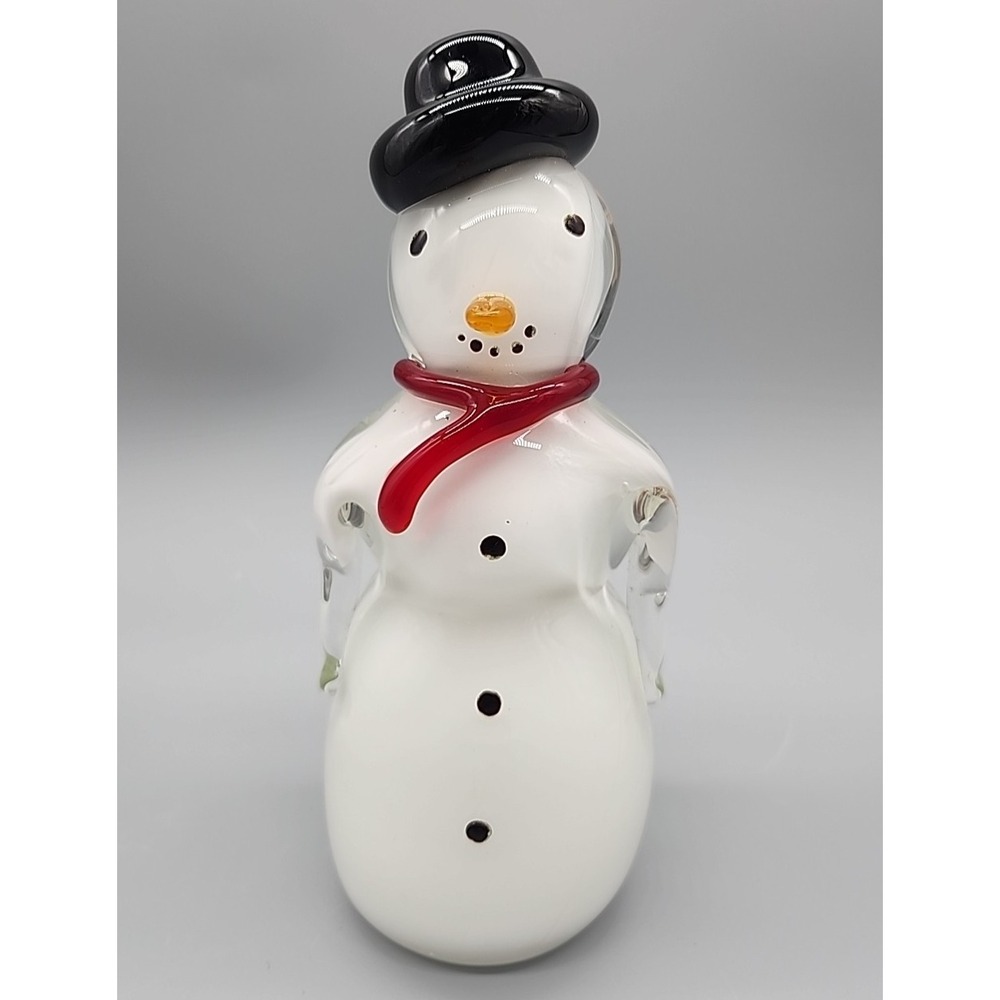 Celebrations Glass Blown Snowman Figure Heavy Paperweight Black Hat Red Scarf 8"